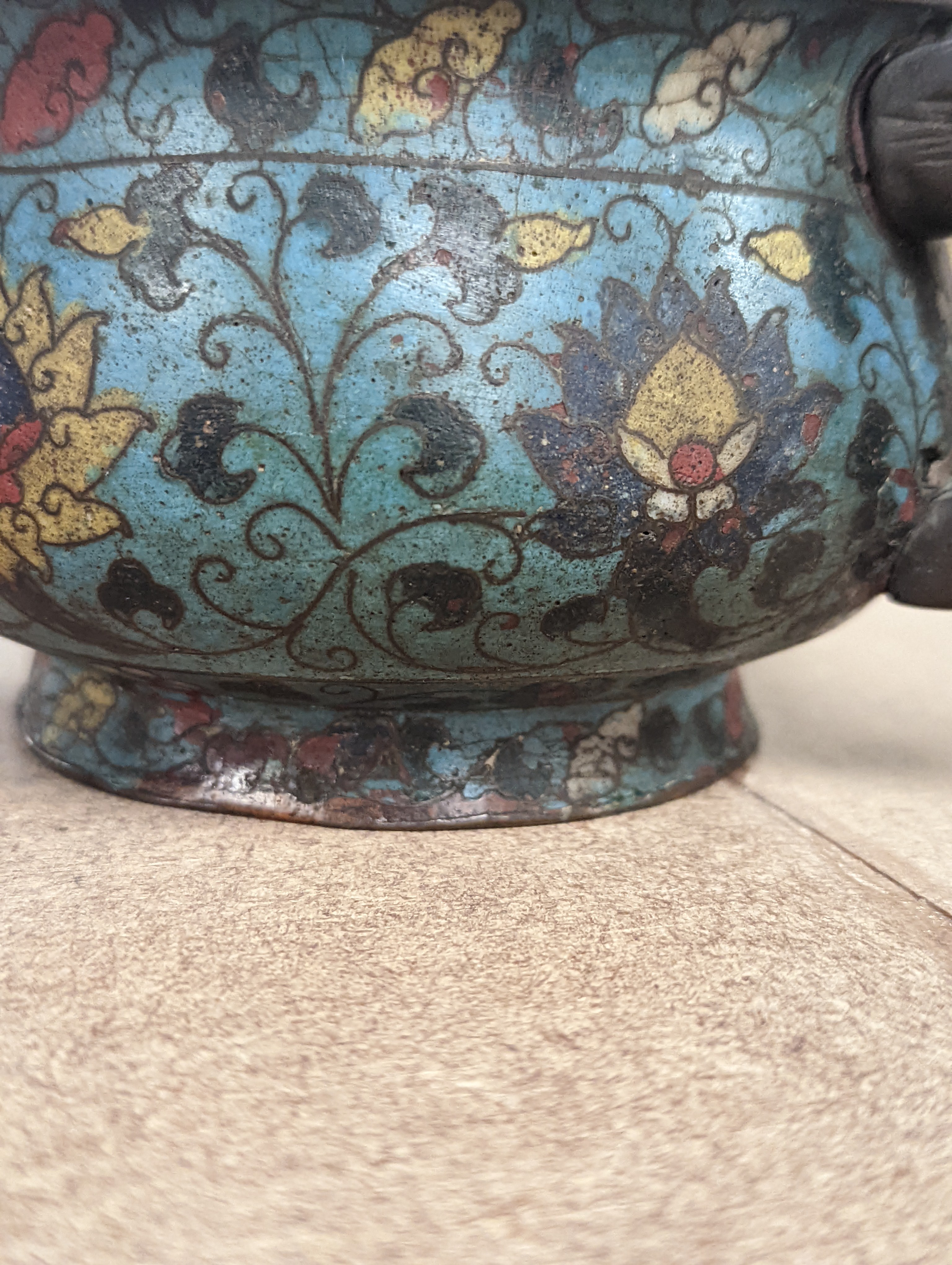 A Chinese late Ming dynasty bronze and cloisonné enamel ding censer 18cm